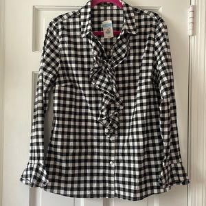 J Mclaughlin Women's Black White Gingham Check Ruffle Front Sleeve Blouse 12